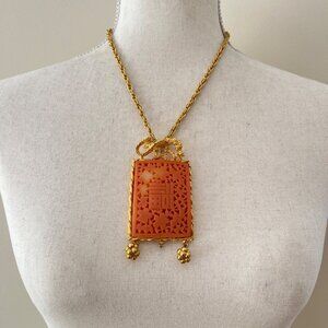 Vintage Alice Caviness Chinoiserie Faux Coral Medallion Dragon Pendant Necklace